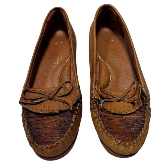 EJX Leather Upper Vintage Style Brown Leather Moccasin Loafers Flats Bow Slip On - Picture 2 of 8